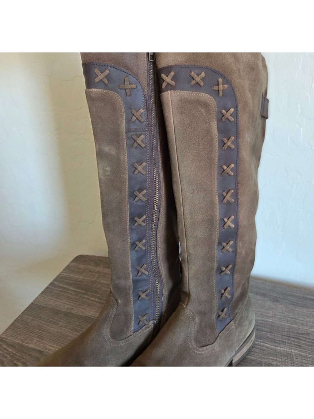 Born Suede Distressed Albi Tall Riding Boots Brown 8.5 Western Boho Cross Stitch - Picture 11 of 12